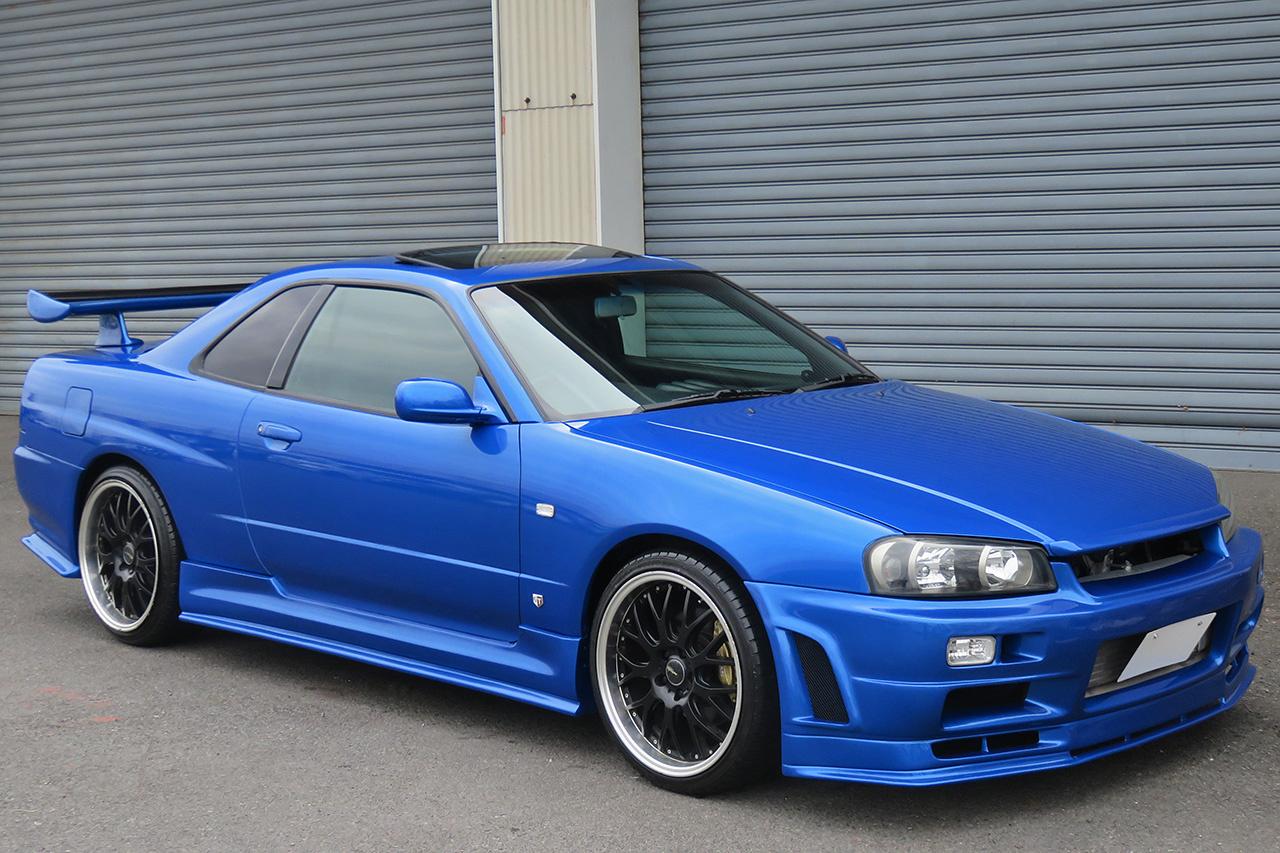 1999 Nissan SKYLINE COUPE R34 25GT Turbo GT-R Look Bayside Blue, Blitz Intercooler, Aftermarket 19 Inch Wheels