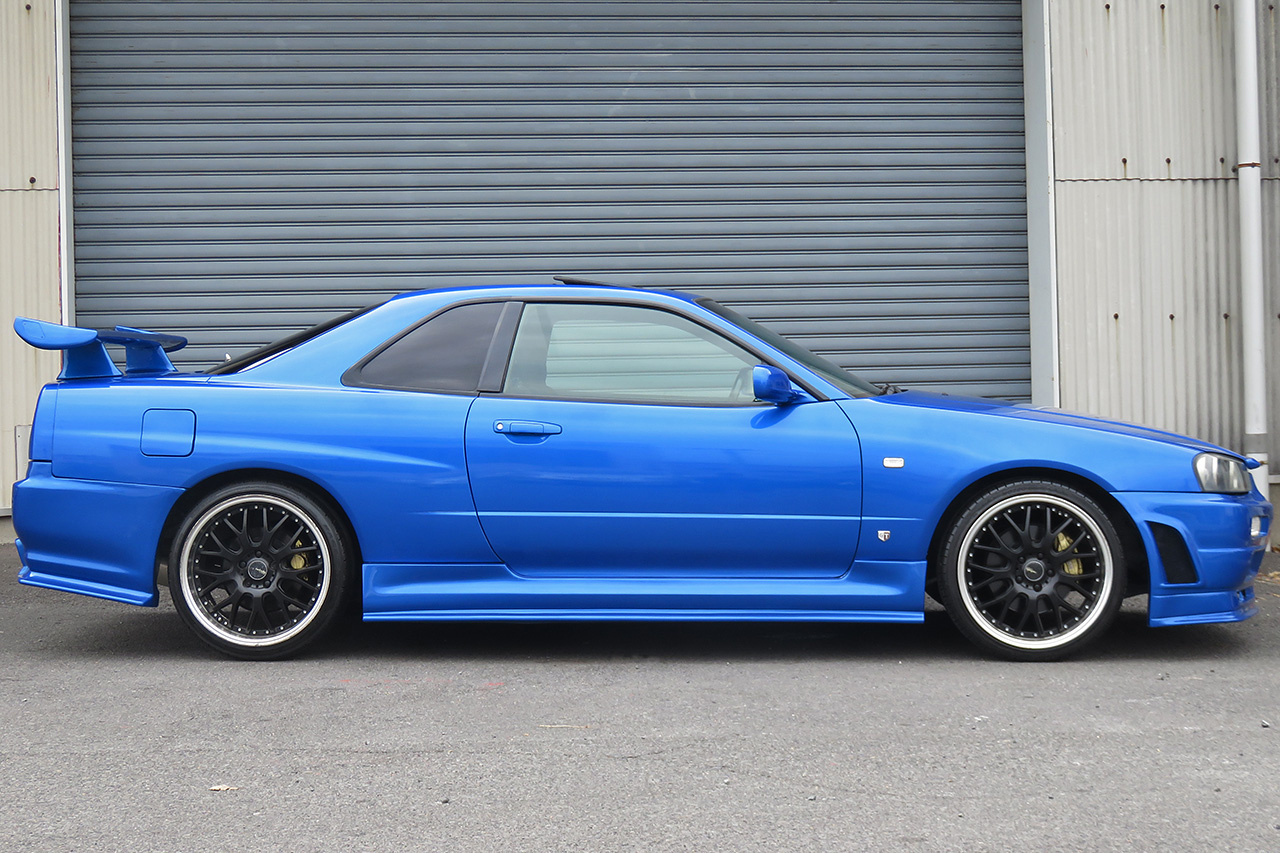 1999 Nissan SKYLINE COUPE R34 25GT Turbo GT-R Look Bayside Blue, Blitz Intercooler, Aftermarket 19 Inch Wheels
